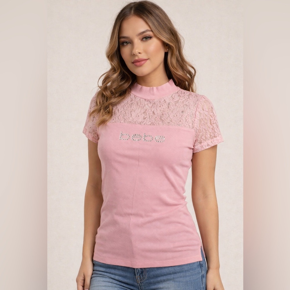 Bebe Blush Lace Short Sleeve Top